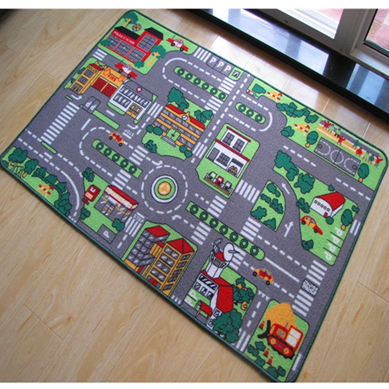 Green Town Road Kids Rug 80x120cm Car Racing Baby Play Mats Educational