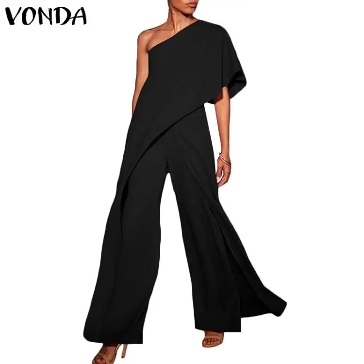 

VONDA Sexy Rompers Womens Jumpsuits 2019 Causal Wide Leg Pants Off Shoulder Ruffle Long Playsuits Plus Size Overalls Baggy 5XL