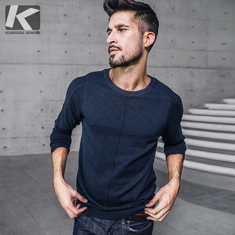 

KUEGOU New Autumn Mens Sweaters Patchwork Blue Black Gray Color Knitted Brand Clothing For Man Slim Knitwear Male Pullovers 9820