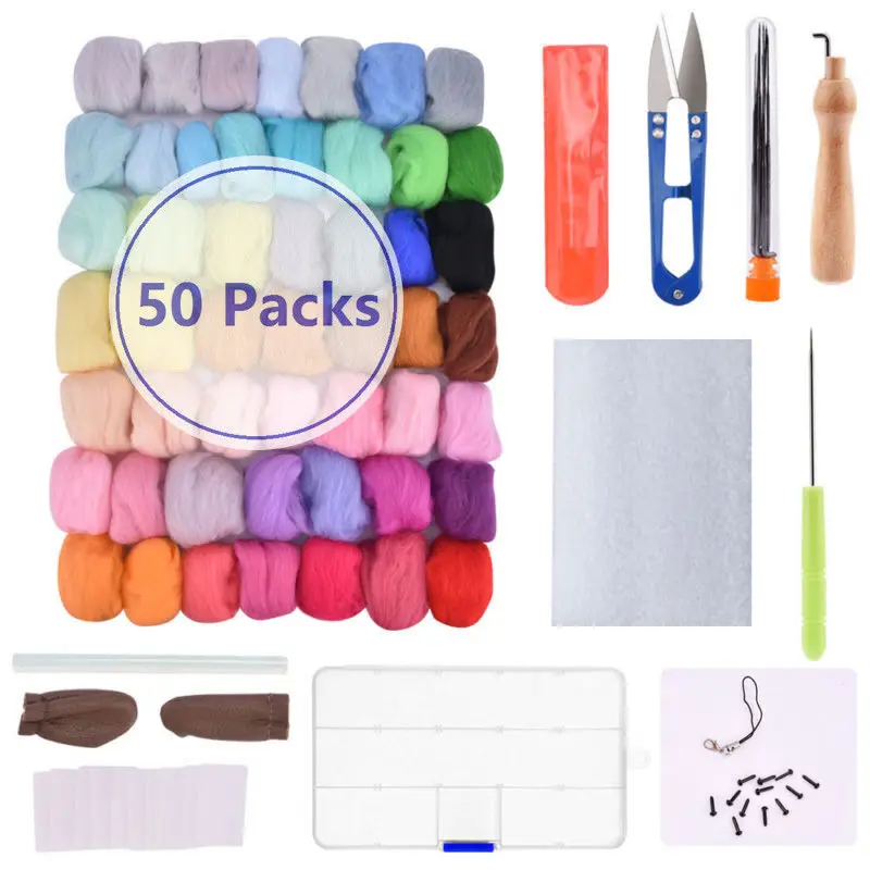 DIY Needle Felting Starter Kit Handcraft Tools + 50 Colors Wool Fibre Roving Wool Craft Material