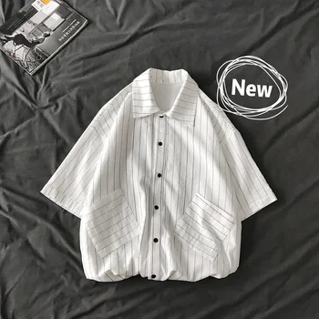 

Summer New Dress Shirt Men Fashion Striped Casual Society Shirt Man Streetwear Trend Wild Cotton Shirt Loose Short-sleeved Shirt