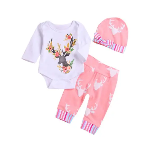 Flower Kids Baby Girl Christams Clothes Cute Deer Romper Tops+Pants+Hat 3pcs Outfits Set Clothes
