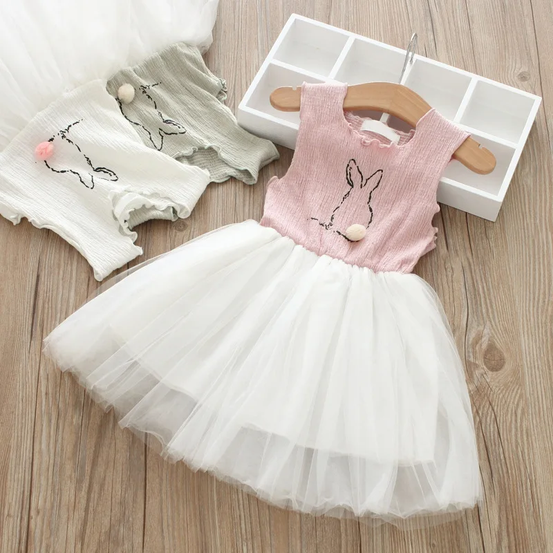 

Foreign trade children's wear wholesale Korean version of ball ball bunny girl dress net stitching sleeveless dress