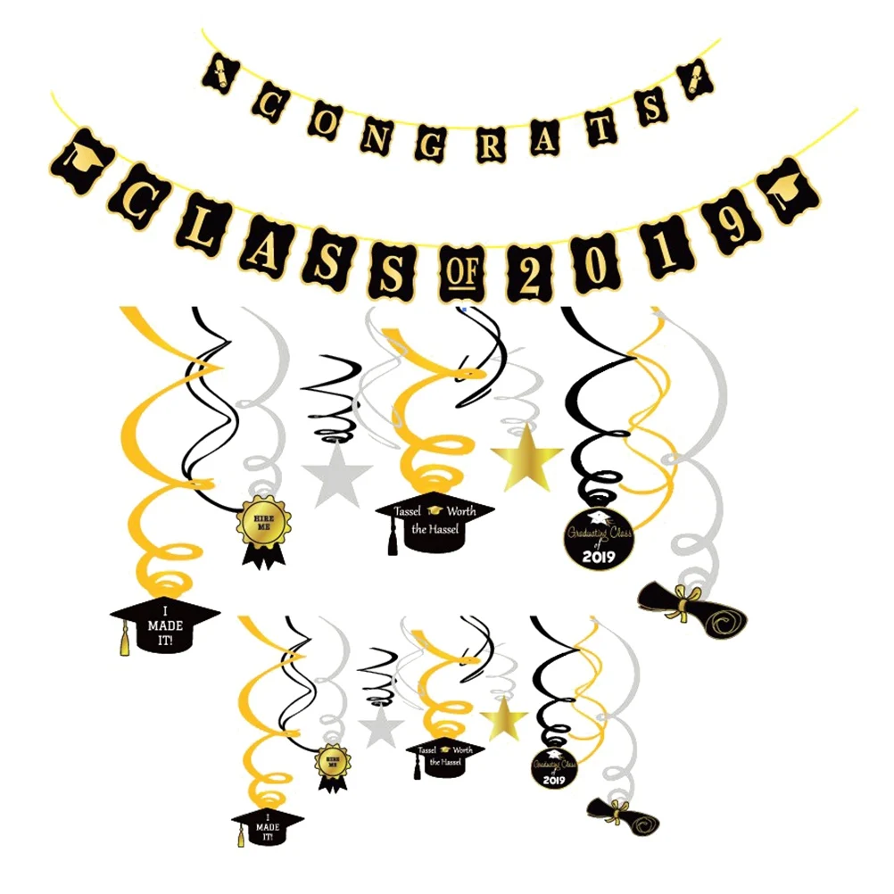 

Dangling Spiral Ornaments Graduation Season Decoration Congrats & CLASS OF 2019 Hanging Banner For Graduation Party