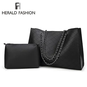 

Herald Fashion Leather Bags For Women Luxury Handbags New Designer Big Tote Bag Chain Female Shoulder Bag Set Bolsa Feminina