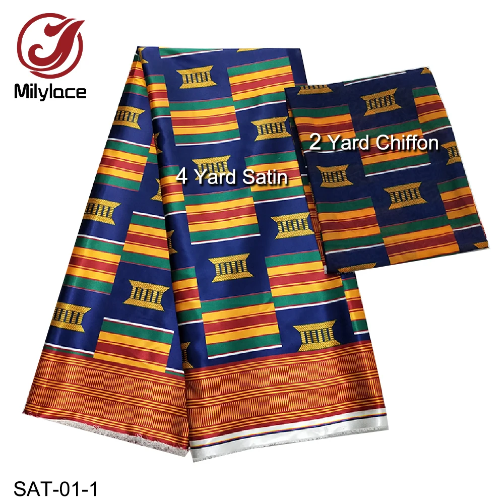 

Glossy Printed Satin Fabric 5 Yards +2 yards Chiffon fabric for one set for Garment Material SAT-01-13