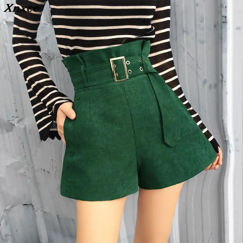 Xnxee high waist wide leg shorts with free belt women high street casual slim shorts fashion green short trousers 2019 2XL size Xnxee high waist wide leg shorts with free belt women high street casual slim shorts fashion green short trousers 2019 2XL size