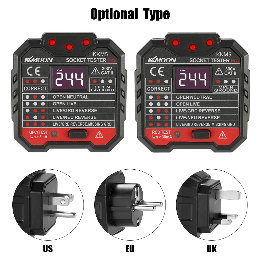 

Digital Display Electric Socket Tester Wall Plug Polarity Phase Check Detector Outlet Voltage Test Electroscope UK Plug 30mA