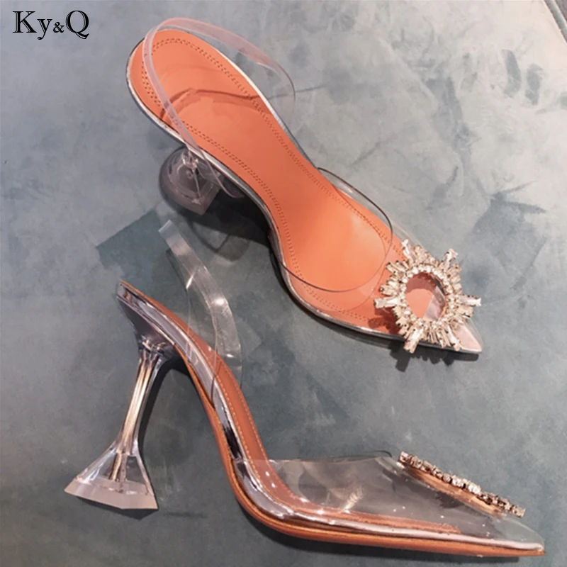 

2019 Summer New Ladies Pointed Transparent Stiletto Sexy Rhinestone Hollow Shallow Mouth Casual Wild High Heel Sandals 5-8cm