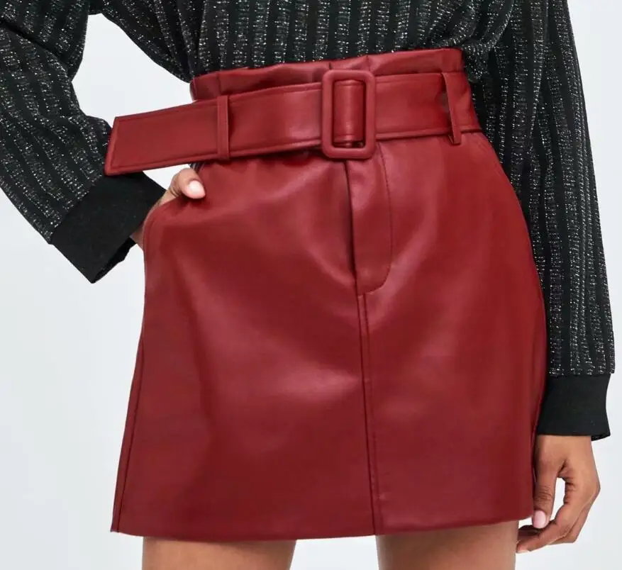 Зимняя винно-красная юбка из искусственной кожи с завышенной талией и поясом мини-юбка сексуальная тонкая облегающая трапециевидная Юбка