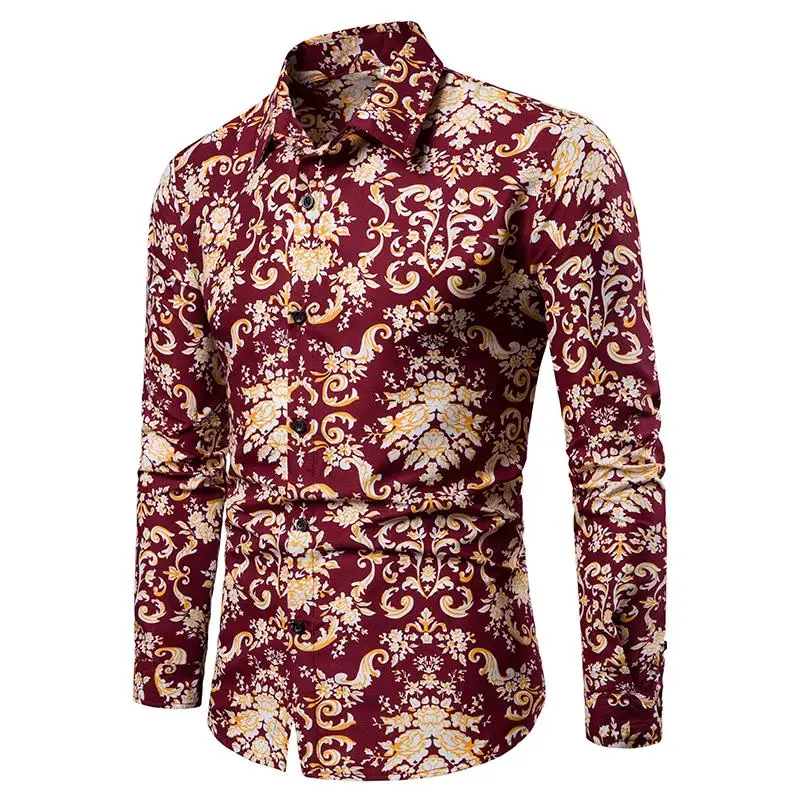 

Long sleeve Flower Blouse Men Camiseta Dress Men Shirt Red Blue Plus size Floral Shirt Mens Clothing Slim fit