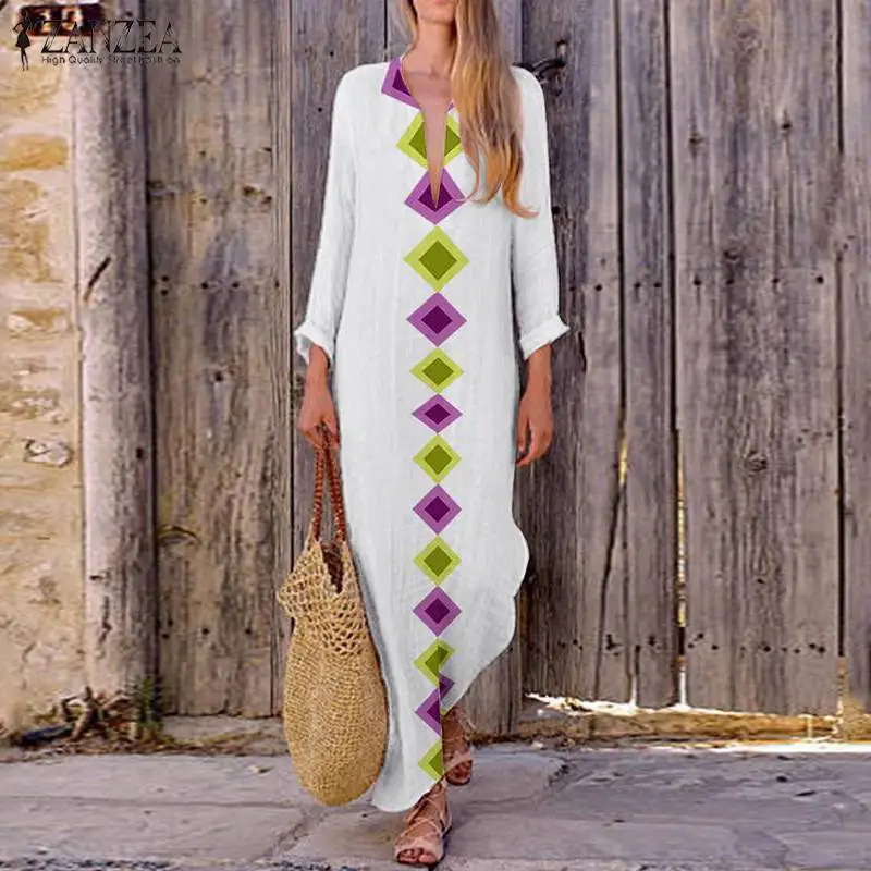 

ZANZEA Women Maxi Dress Sundress 2019 Summer Ladies Sexy Deep V Neck Print Long Sleeve Vestidos Sarafans Beach Party Robe Femme