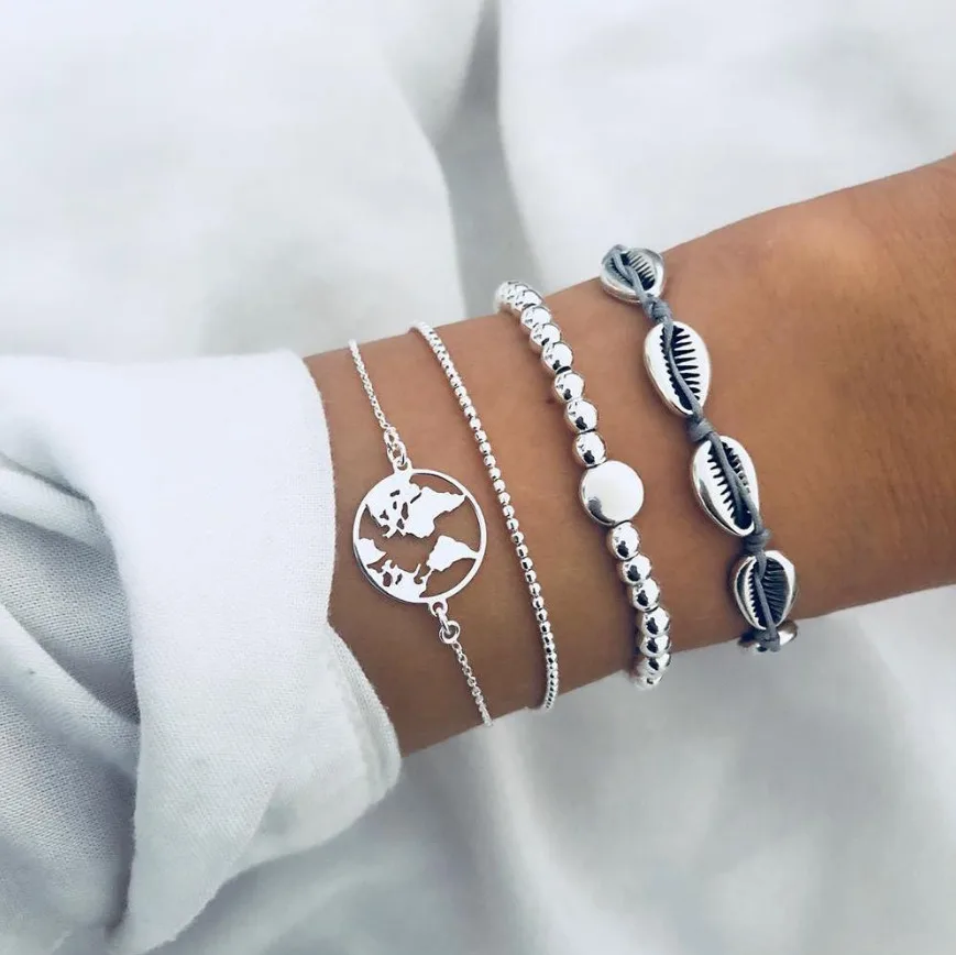 

New Silver Color Bracelet&bangle For Women Fashion 4PCS Hollow Earth Map Bead Shell Jewelry Bracelets Party Wedding Female Gift