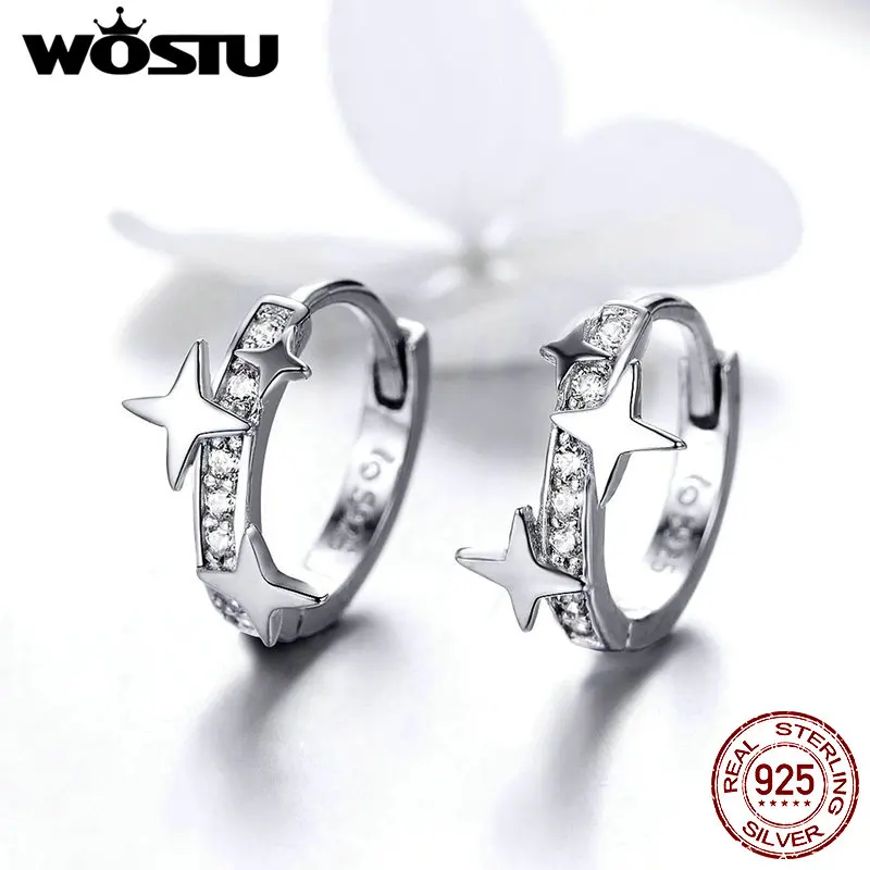 WOSTU Brilliant Star Hoop Earrings 925 Sterling Silver Dazzling Zircon Circle Small Earrings For Women Silver 925 Jewelry CTE076