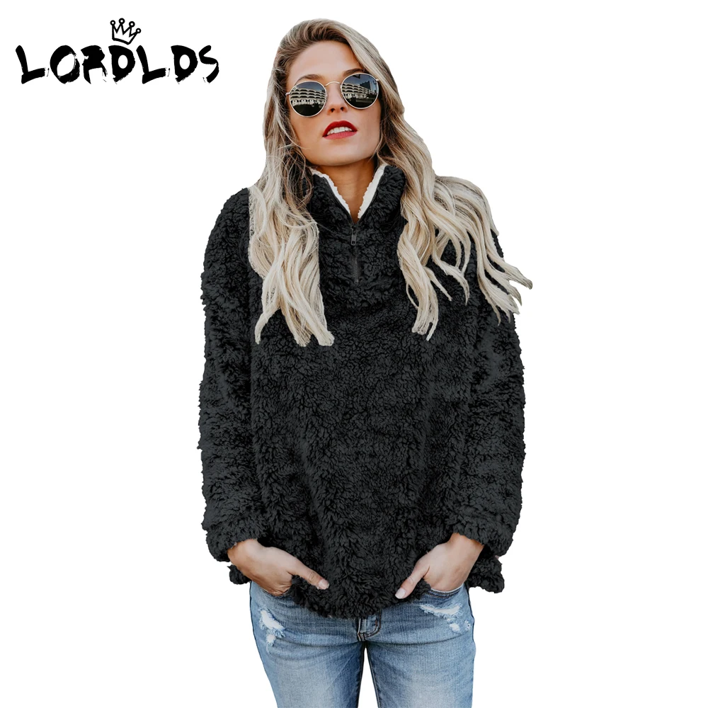 Женская флисовая куртка оверсайз LORDLDS черная Повседневная Толстая на молнии с