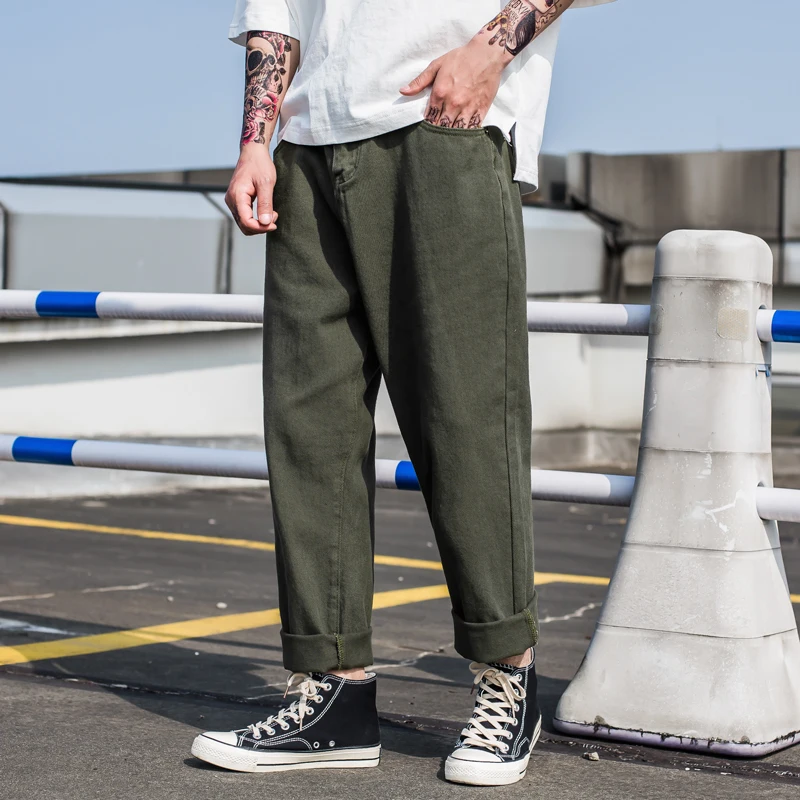 

Spring New Jeans Men Fashion Washed Solid Color Straight Casual Denim Pants Street Hip Hop Loose Cowboy Trousers Male Clothes