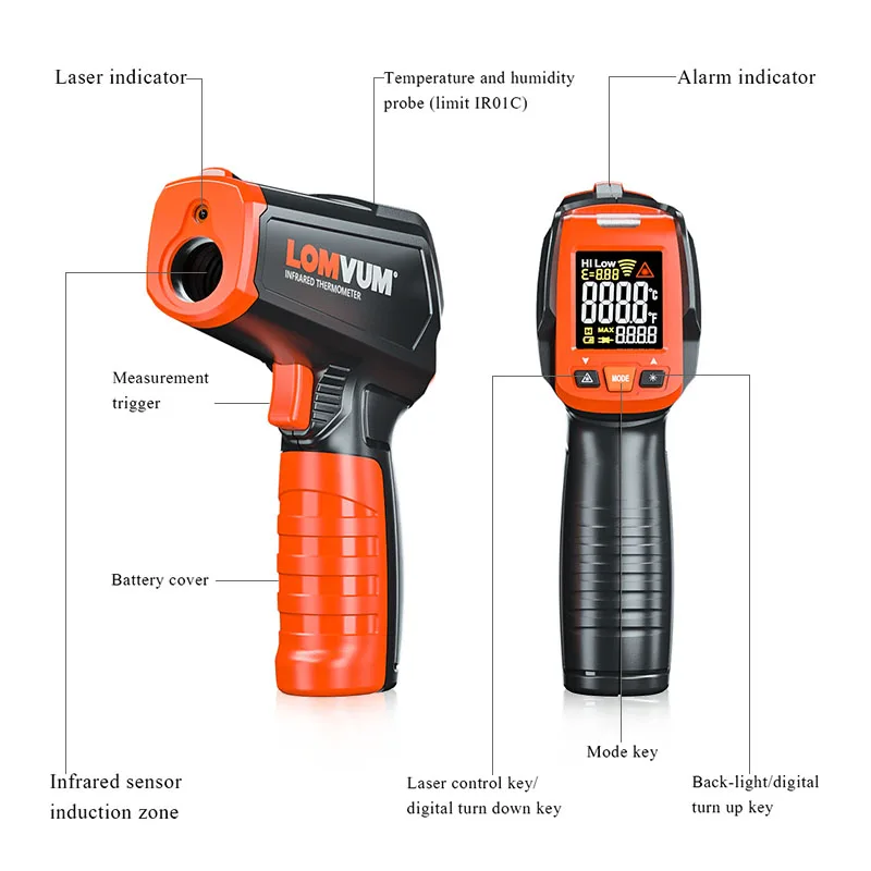 LOMVUM Бесконтактный цифровой ЖК-дисплей термометр цифровой C/F выбор поверхности ручной измеритель пирометр