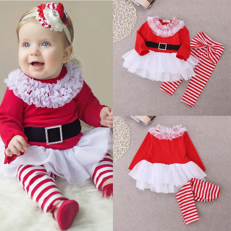 Рождественские милые комплекты одежды для маленьких девочек, кружевное лоскутное платье в полоску с длинными рукавами, топы+ гетры