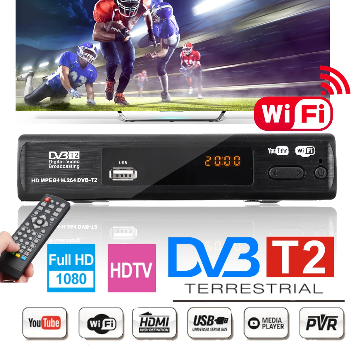 USB2.0 DVB T2 TV Tuner DVB-T2 WIFI Receiver Full-HD 1080P Digital Smart TV Box Support MPEG H.264 I PTV Built-in Russian manual