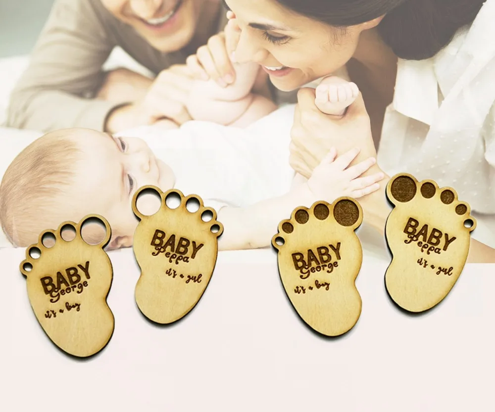 

Custom save the date Wooden Tags,Personalized celebrate the birth of a new baby favor tags,wooden cartoon baby foot