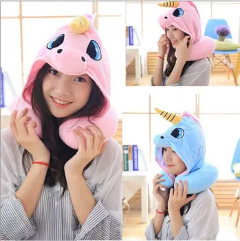 

Cuite Cartoon Unicorn Neck Rest U-Shaped Travel Hooded Pillow Cushion Compact Soft Trip Airplane Bus Noon Break Need Relax Neck