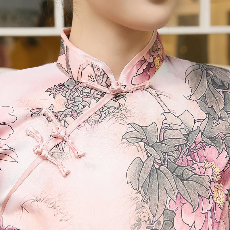 Атласное винтажное платье Qipao 20 s летний шарф с изображением пионов Cheongsam Vestido Chines
