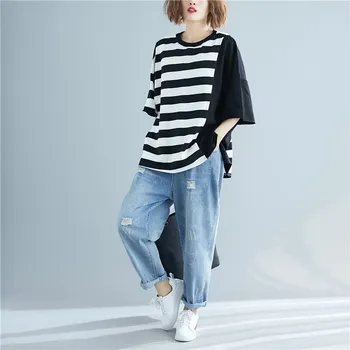 

2019 New For Women T-Shirt Summer Style Hipster Shirts Large Size Women's Cotton T-shirt Striped Ladies T-shirt AS413