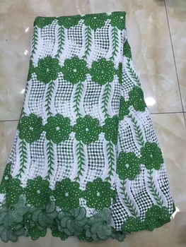 

Latest High Quality African Guipure Cord Lace With Big Stone Fabric Green+White Nigerian Water Soluble Lace For Party Dress 2019
