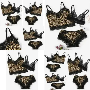 

Charming Women Ladies Elastic Satin Leopard Vest Berif Lace Sexy Lingerie Three-Piece Sets Pajamas Sets