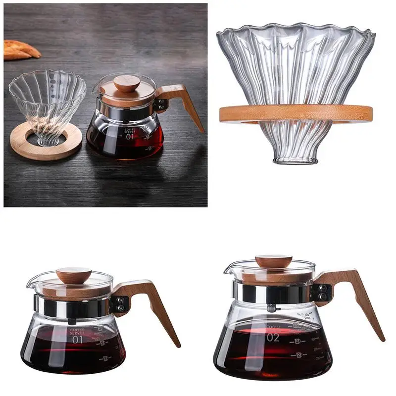 Koop Hoge Borosilicaatglas Hand Koffiepot Hittebestendig Houten Handvat Glas Koffie Pot Filter Brouwer