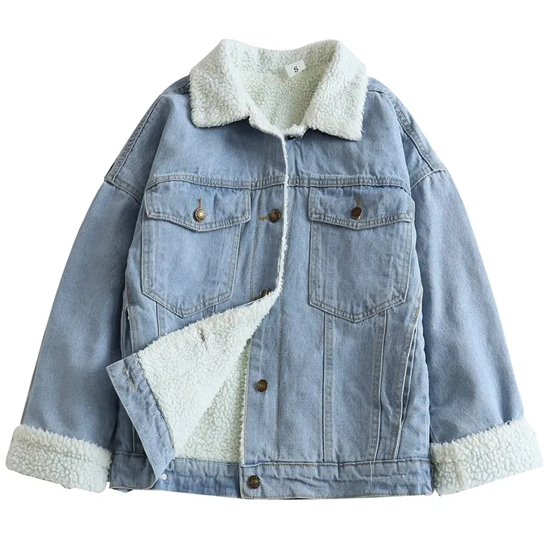 Spring Faux Fur Denim Jacket Causal Women Front Button Flap Pockets Blue Lambswool Jeans Coat Thick Lining Bomber Parka Jacket