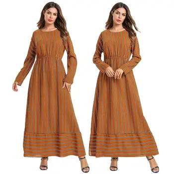 

New Women Striped Long Dress Muslim Maxi Cocktail Party Robe Abaya Jilbab Kaftan Casual Losse Patchwork Islamic Clothes Ramadan