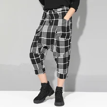 Plus Size Women Plaid Pants 2019 Spring New Streetwear Style Drawstring Waist Harem Pants Lining Mesh Pockets Design Capri Pants grey casual drawstring waist zipper design pants with four pockets