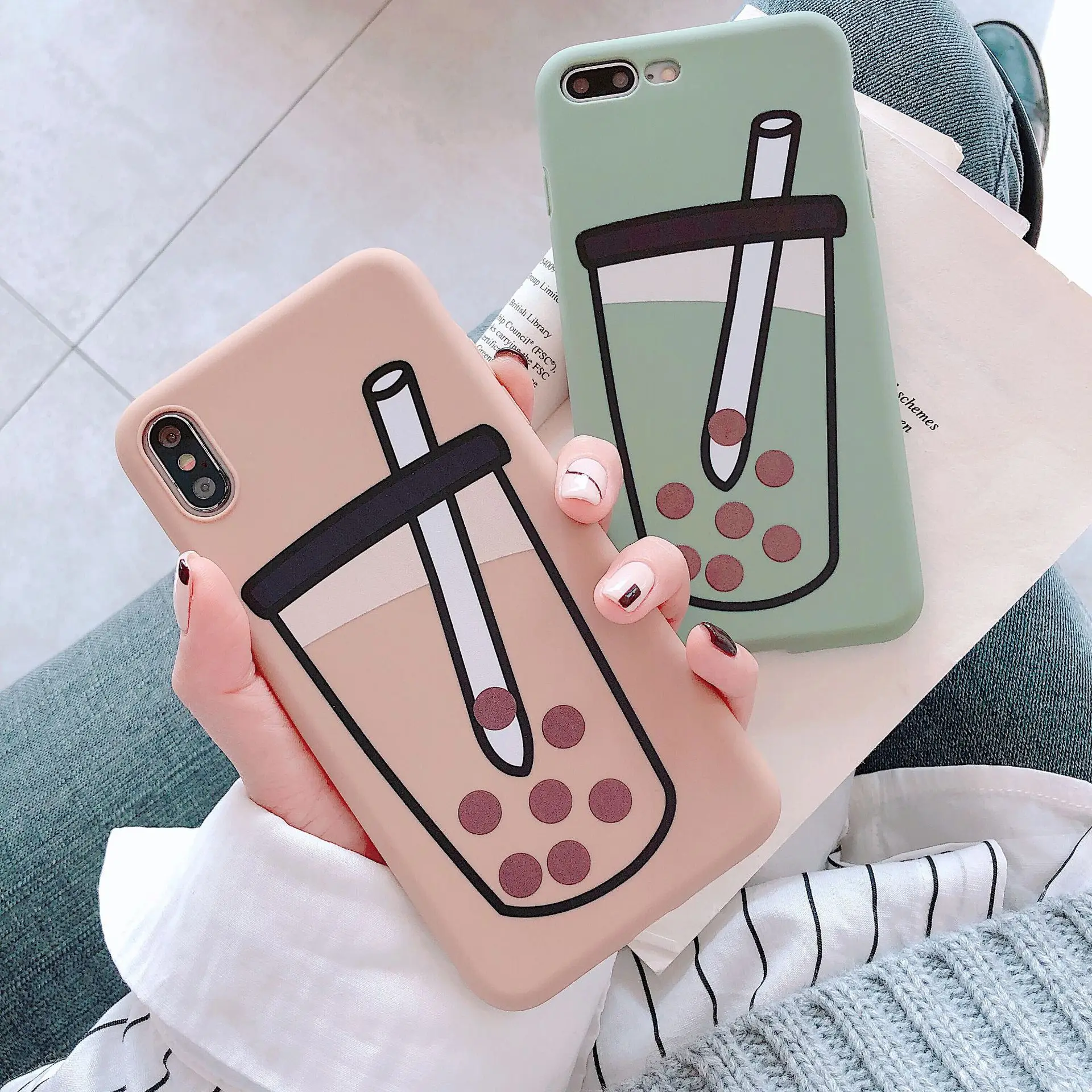 

Cute Candy Color Milk tea Pattern Korean Phone Case For iPhone X Xs XR XSmax 7 7 Puls 6 6S 7 8 Puls Cases Retro Soft TPU Cover