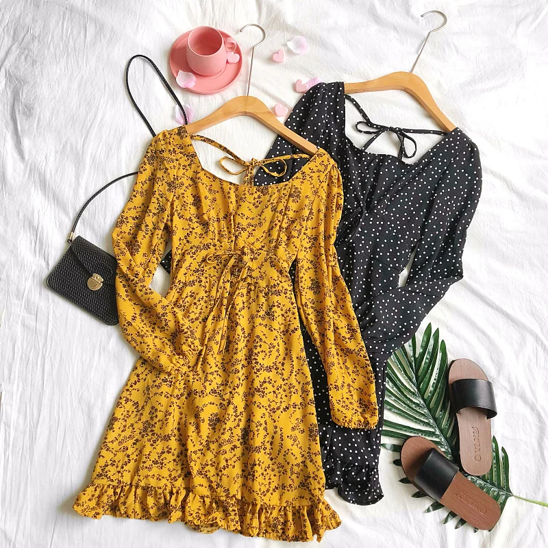 

2019 Spring Women Long Sleeves Backless Polka Dots Dress Floral Printed Vintage Elegant Dresses Korean Dress