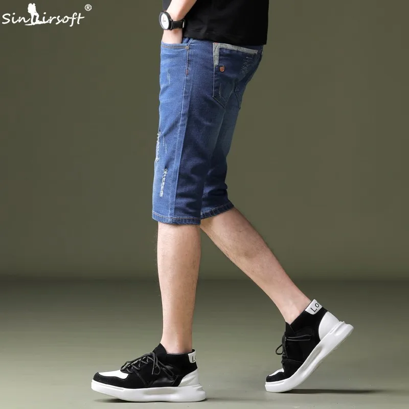 Summer Men's Denim Shorts Loose Stretch Five Pants Fashion Scratched Denim High Quality Cotton Slim Jeans 28-38 Hot Sale