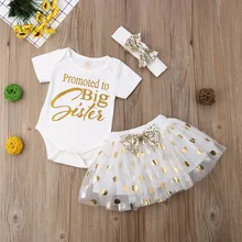 Боди с короткими рукавами и принтом «big sister»; золотистый в горошек; сетчатая юбка с повязкой на голову; комплект одежды для маленьких девочек