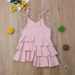 Праздничные платья принцессы без рукавов с v-образным вырезом для девочек однотонная розовая Милая хлопковая детская одежда платье с
