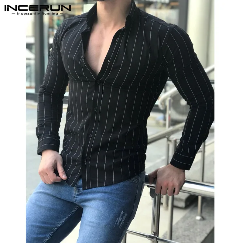 INCERUN повседневная мужская рубашка в полоску с длинным рукавом лацканами средства ухода за кожей Шеи дышащий топы корректирующие 2019 Slim Fit