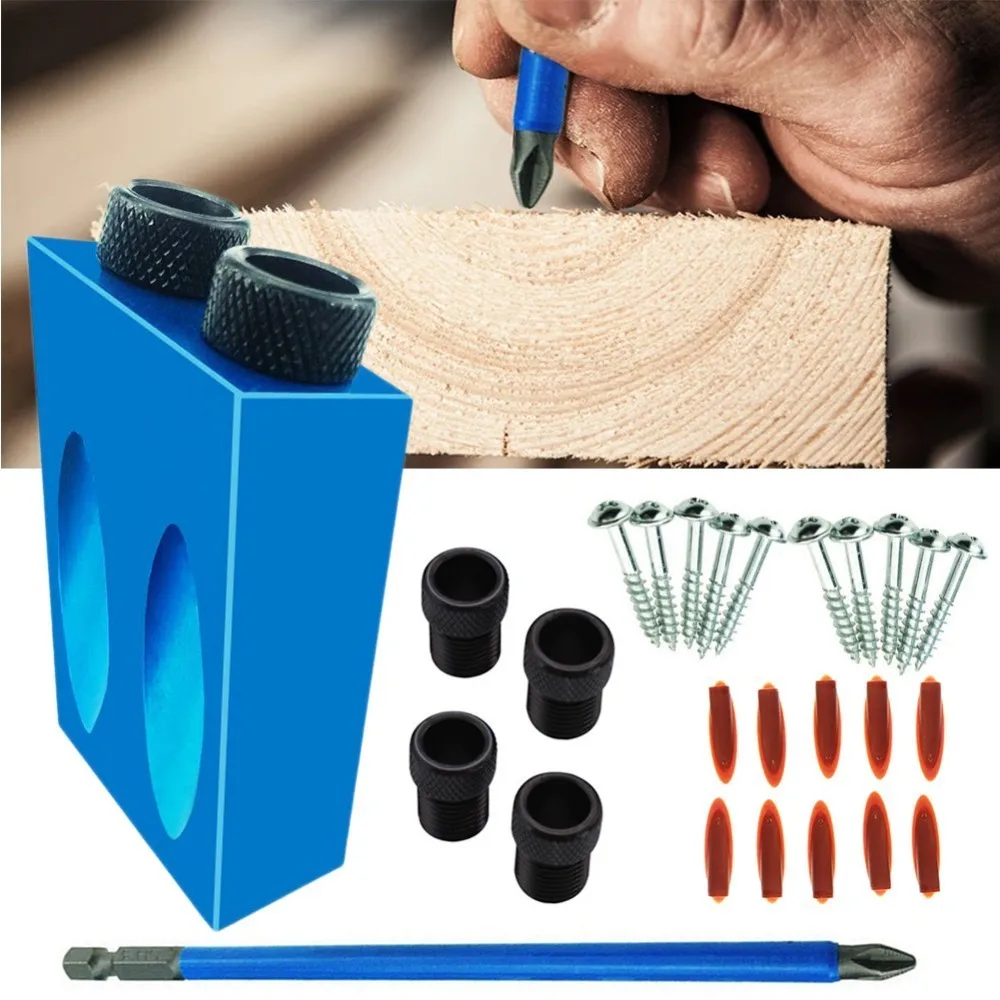 Pocket Hole Jig Kit 6/8/10mm Drive Adapter for Woodworking Angle Drilling Holes Guide Dowel Jig Wood Tools With PH2 Screwdrivers