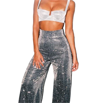 

Sexy Shiny Pants Women Fashion Party Flare Pants Reflective Wide Leg Pants Zipper Casual Silver High Waist Trousers Plus Size