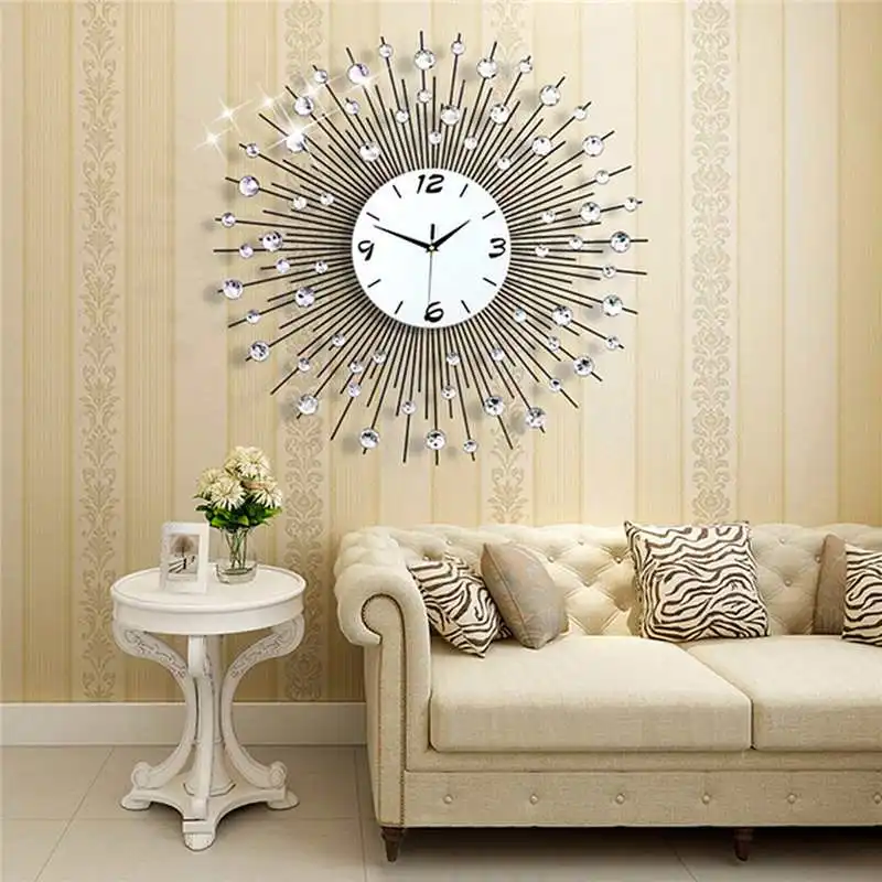 Роскошные Настенные часы с бриллиантами железные художественные Металлические Хрустальные 3D большие настенные часы круглые часы зеркальные Подвесные часы с бриллиантами домашний декор