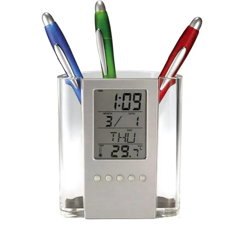 

Creative Transparent Pen Holder Container Cock Pencil LED Digital Calendar Office Table Organizer Accessories Table Clock Bag