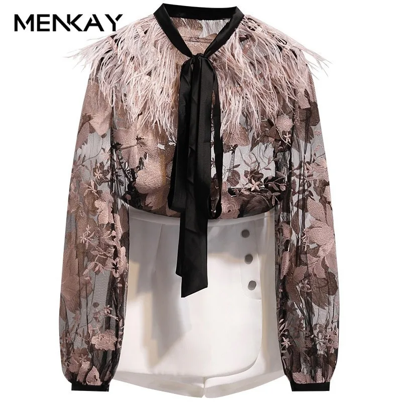 

[MENKAY] Elegant Feather Flowral Print Lace Bow Collar Puff Sleeve Lady Women Tops 2019 Spring Summer Korean Fashion Clothing