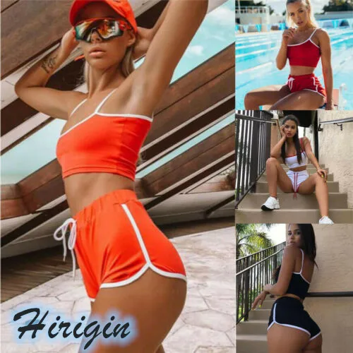 

Two Piece Set Women Summer Casual Sports Suit Sexy Spaghetti Strappy Crop Tank Tops+Short Pants Sports Suit