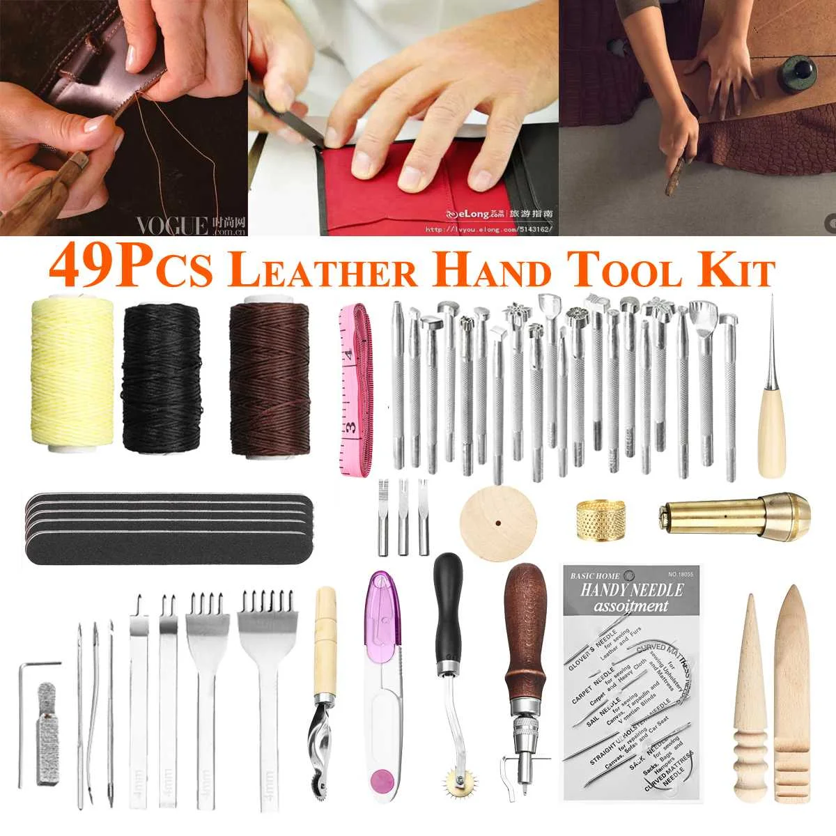 

49pcs Professional Leather Craft Tools Kit Hand Sewing Stitching Punch Carving Work Saddle Leathercraft Tool Sets Accessories