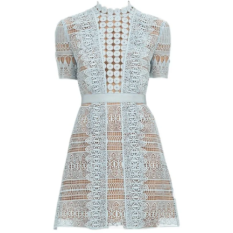 

Self Portrait Spring Summer Runway Hollow Out Sky Blue Water Soluble Lace Dress Women Sexy Short Sleeve Mini Dress Vestidos