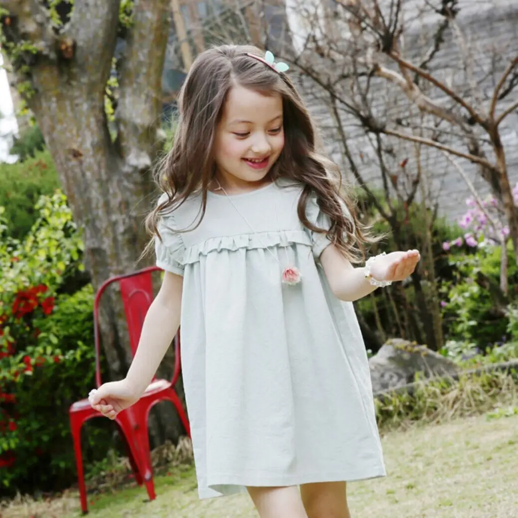 

Summer Kids Clothes Green New Korean Girls Costume Puffed Sleeves Princess Dress Casual Quality Flax