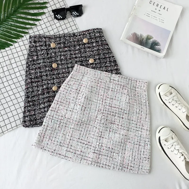 

Spring 2019 Plaid Skirt Womens Button Front Tweed Mini Skirt Saia Feminina