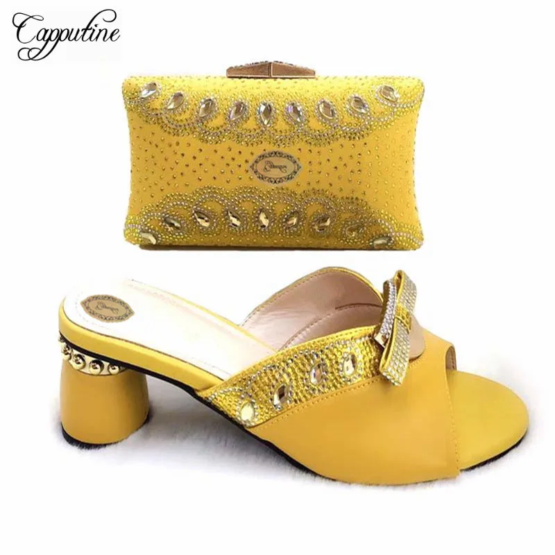 

New Arrival Fashion PU With Nice Rhinestone Shoes And Bag Set Summer Style Woman High Heels Shoes And Bag For Party TX-399